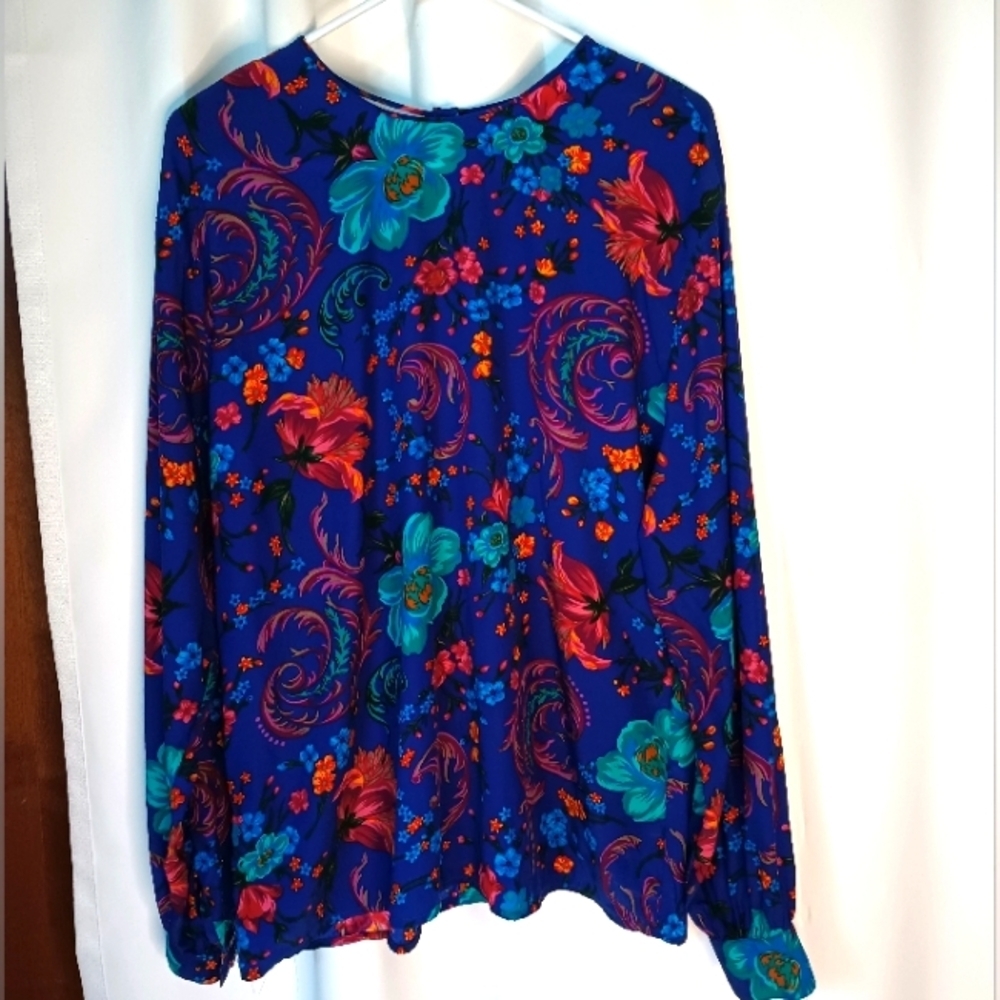 Liz Claiborne Blue Floral Long-Sleeve Blouse with Teal & Coral Accents